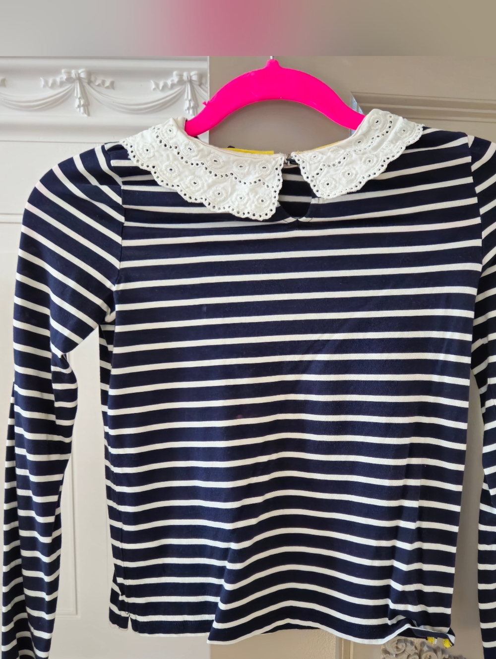 Mini Boden Navy and White Striped Long-Sleeve Top with Eyelet Collar